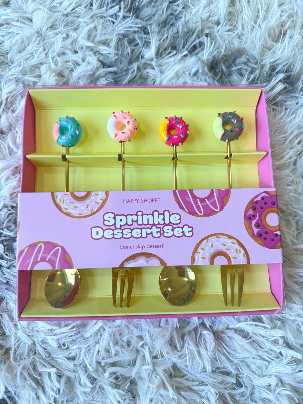 NIB Sprinkle Dessert Set - Gold Donut Forks and Spoons